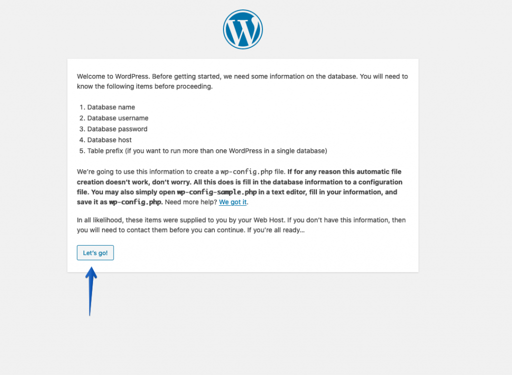 imagen de la pantalla de bienvenida de wordpress