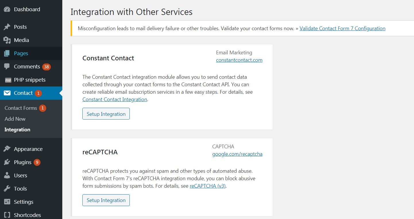 integration of contact form in wordpress