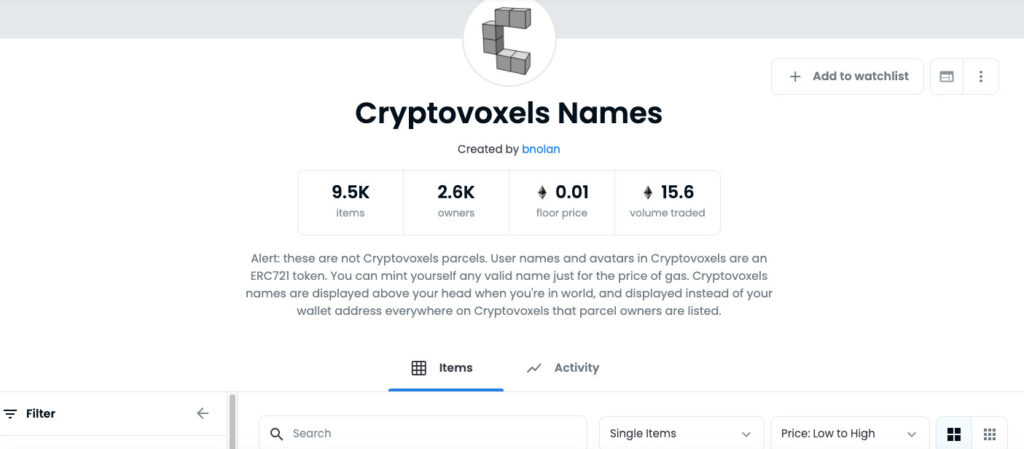 cryptovoxels-names venditori di domini nft